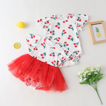 MyKids-USA® Baby Girl Cherry Print Pattern Mesh Patchwork Design Round-Collar Short-Sleeved Dress bodysuit