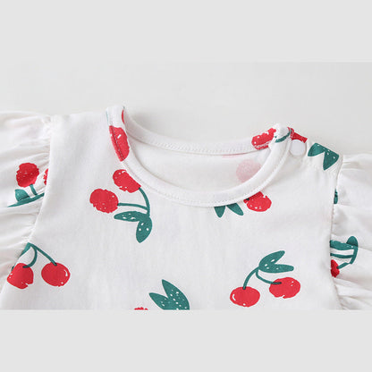 MyKids-USA® Baby Girl Cherry Print Pattern Mesh Patchwork Design Round-Collar Short-Sleeved Dress bodysuit