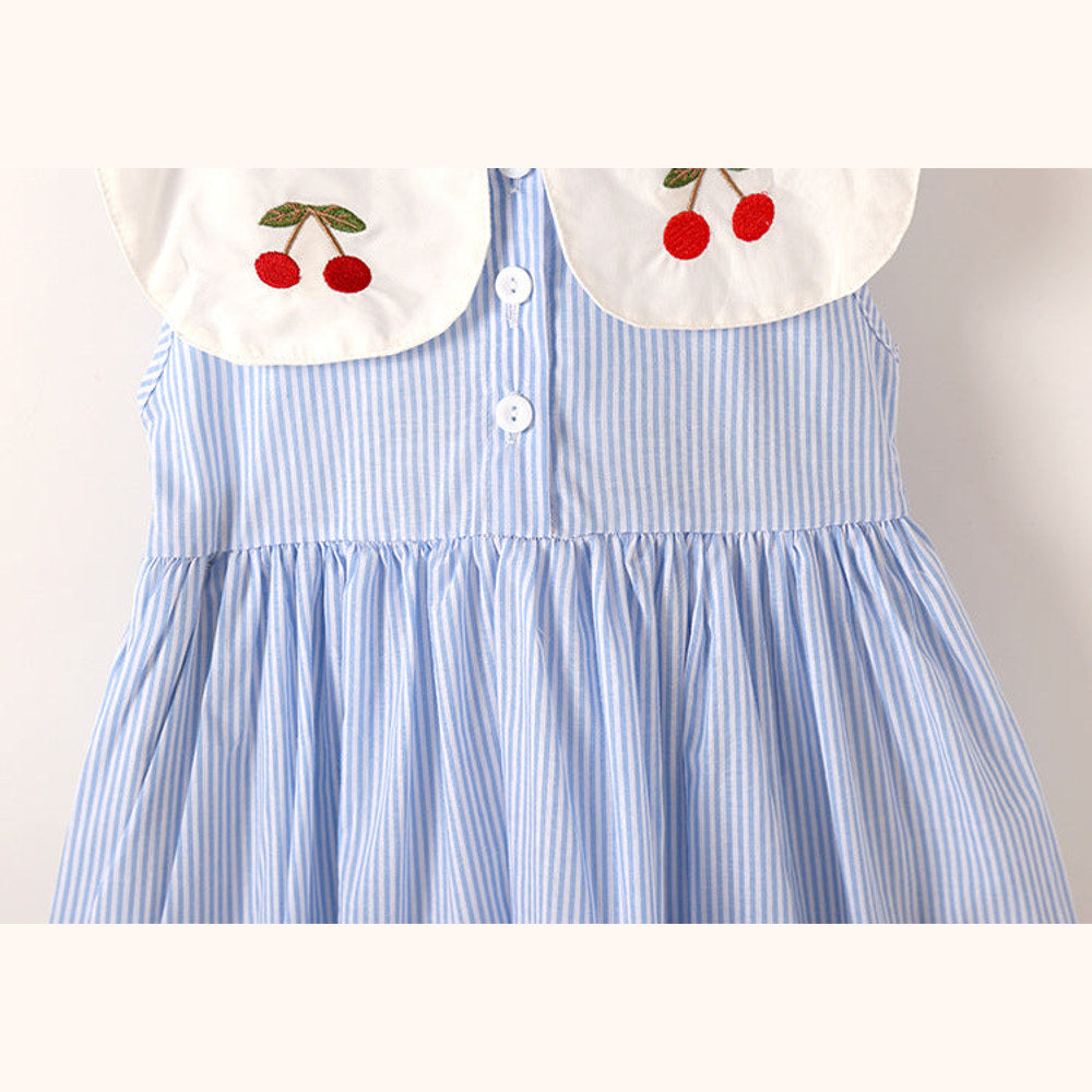 MyKids-USA® Baby Girl Cherry Embroidery Pattern Color Blocking Lapel Design Sleeveless Dress