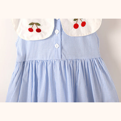 MyKids-USA® Baby Girl Cherry Embroidery Pattern Color Blocking Lapel Design Sleeveless Dress