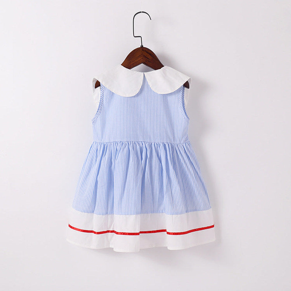 MyKids-USA® Baby Girl Cherry Embroidery Pattern Color Blocking Lapel Design Sleeveless Dress