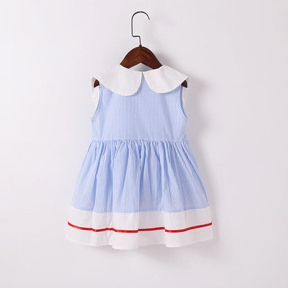 MyKids-USA® Baby Girl Cherry Embroidery Pattern Color Blocking Lapel Design Sleeveless Dress