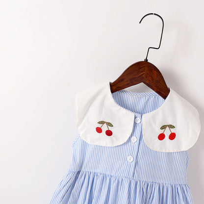 MyKids-USA® Baby Girl Cherry Embroidery Pattern Color Blocking Lapel Design Sleeveless Dress