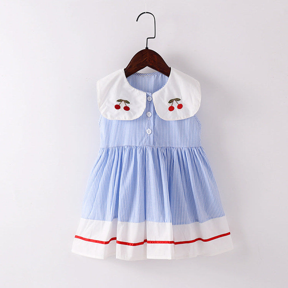 MyKids-USA® Baby Girl Cherry Embroidery Pattern Color Blocking Lapel Design Sleeveless Dress