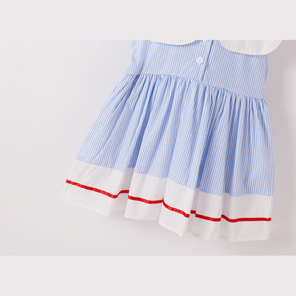 MyKids-USA® Baby Girl Cherry Embroidery Pattern Color Blocking Lapel Design Sleeveless Dress