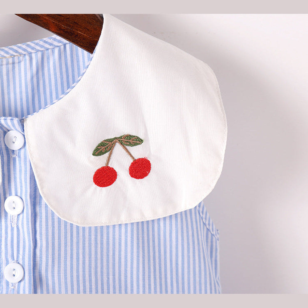 MyKids-USA® Baby Girl Cherry Embroidery Pattern Color Blocking Lapel Design Sleeveless Dress