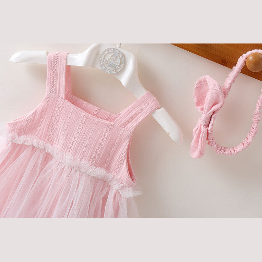 MyKids-USA® Baby Girl Solid Color Mesh Patchwork Design Sleeveless Dress With Headband