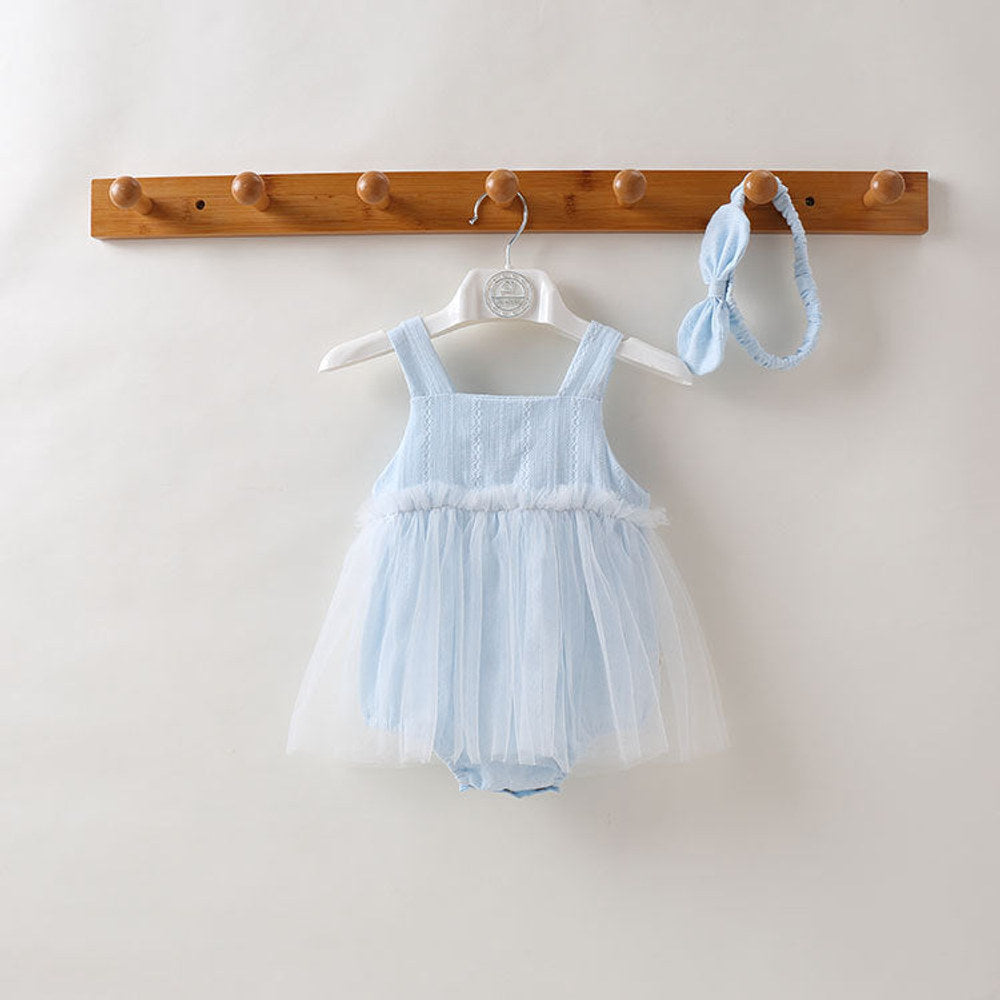 MyKids-USA® Baby Girl Solid Color Mesh Patchwork Design Sleeveless Dress With Headband