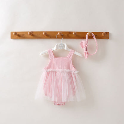MyKids-USA® Baby Girl Solid Color Mesh Patchwork Design Sleeveless Dress With Headband