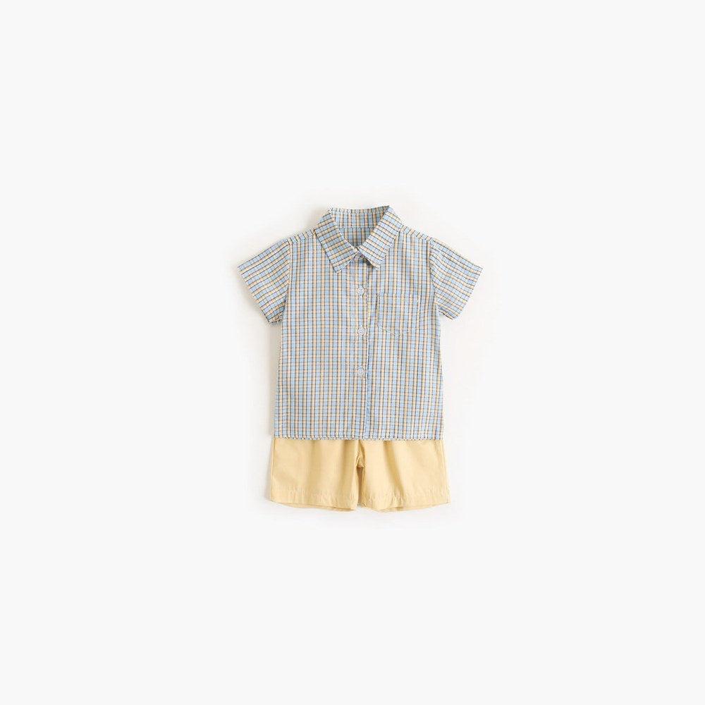 MyKids-USA® Baby Boy Plaid Pattern Single Breasted Design Polo-Neck Shirt Combo Shorts