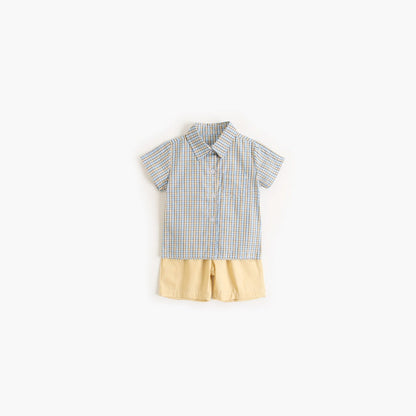 MyKids-USA® Baby Boy Plaid Pattern Single Breasted Design Polo-Neck Shirt Combo Shorts