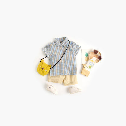 MyKids-USA® Baby Boy Plaid Pattern Single Breasted Design Polo-Neck Shirt Combo Shorts