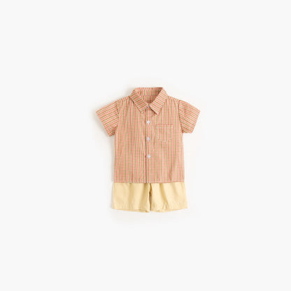 MyKids-USA® Baby Boy Plaid Pattern Single Breasted Design Polo-Neck Shirt Combo Shorts