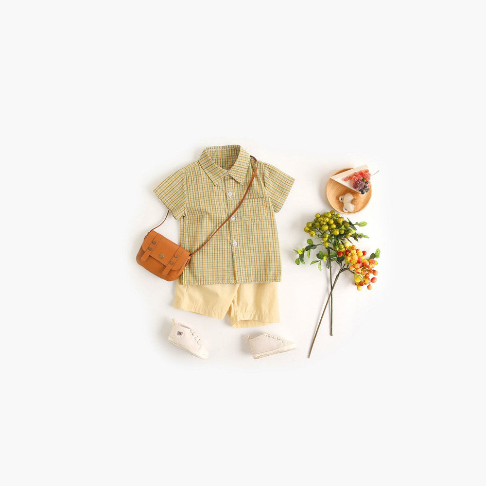 MyKids-USA® Baby Boy Plaid Pattern Single Breasted Design Polo-Neck Shirt Combo Shorts