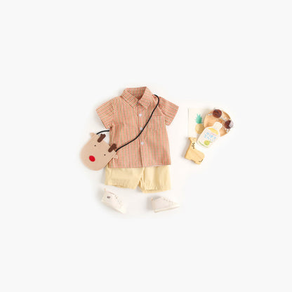 MyKids-USA® Baby Boy Plaid Pattern Single Breasted Design Polo-Neck Shirt Combo Shorts
