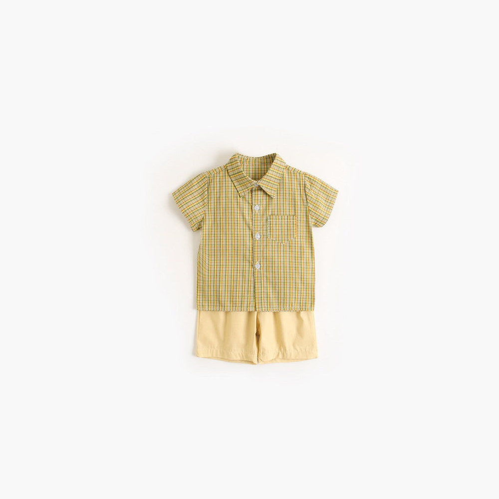 MyKids-USA® Baby Boy Plaid Pattern Single Breasted Design Polo-Neck Shirt Combo Shorts