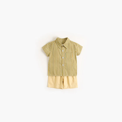 MyKids-USA® Baby Boy Plaid Pattern Single Breasted Design Polo-Neck Shirt Combo Shorts
