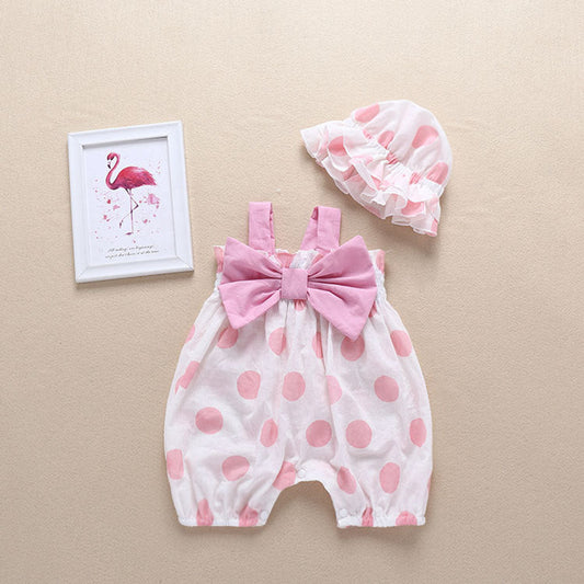 MyKids-USA® Baby Girl Bow Design Pink Polka Dot Pattern Sleeveless Romper With Hat