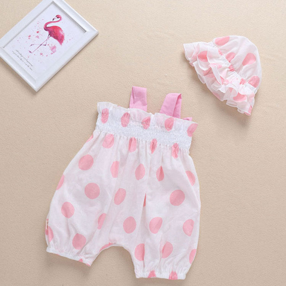 MyKids-USA® Baby Girl Bow Design Pink Polka Dot Pattern Sleeveless Romper With Hat