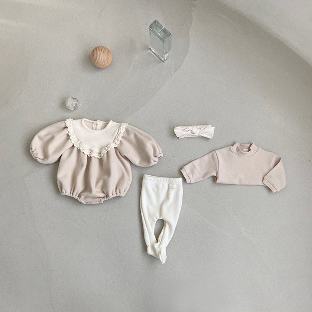 MyKids-USA® Baby Girl Solid Color Lace Collar Design Fleece Soft bodysuit