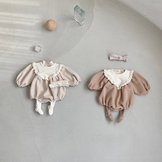 MyKids-USA® Baby Girl Solid Color Lace Collar Design Fleece Soft bodysuit