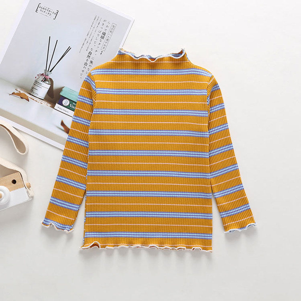 MyKids-USA® Striped Pattern Wooden Ear Edge Design Round Neck Long Sleeve Bottoming Shirt