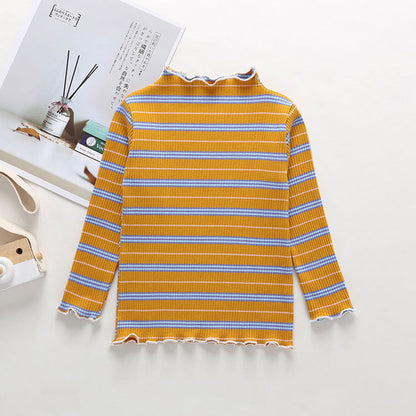 MyKids-USA® Striped Pattern Wooden Ear Edge Design Round Neck Long Sleeve Bottoming Shirt