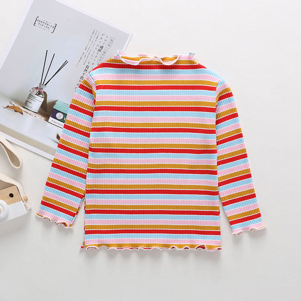MyKids-USA® Striped Pattern Wooden Ear Edge Design Round Neck Long Sleeve Bottoming Shirt
