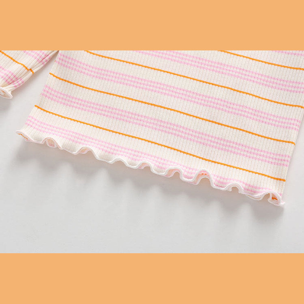 MyKids-USA® Striped Pattern Wooden Ear Edge Design Round Neck Long Sleeve Bottoming Shirt