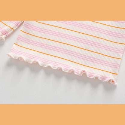 MyKids-USA® Striped Pattern Wooden Ear Edge Design Round Neck Long Sleeve Bottoming Shirt