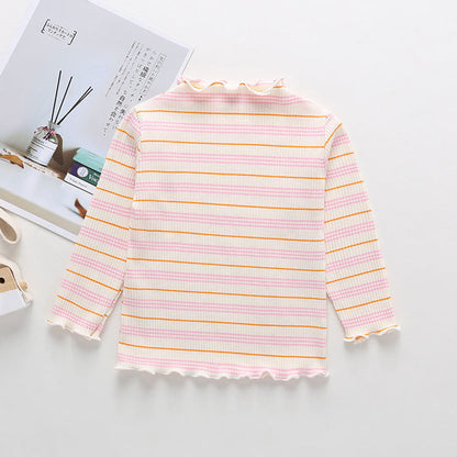 MyKids-USA® Striped Pattern Wooden Ear Edge Design Round Neck Long Sleeve Bottoming Shirt