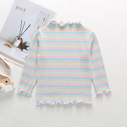 MyKids-USA® Striped Pattern Wooden Ear Edge Design Round Neck Long Sleeve Bottoming Shirt