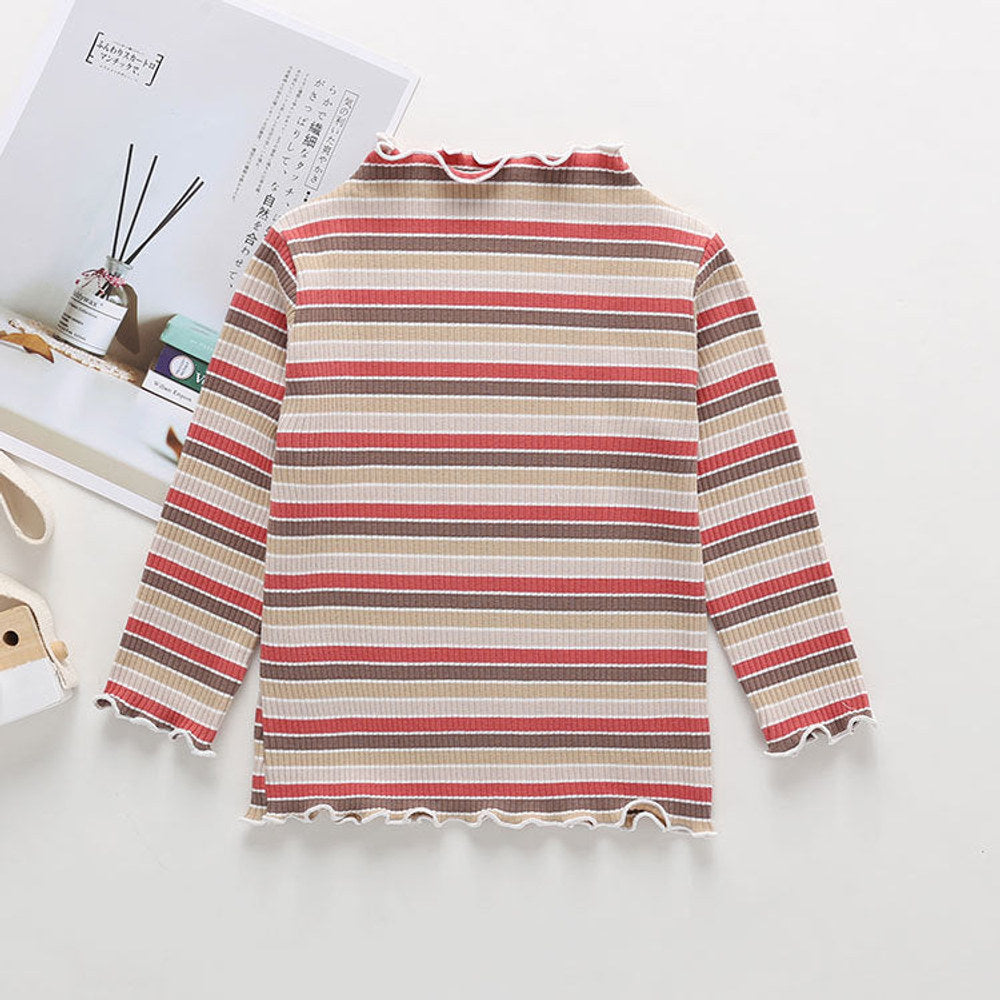 MyKids-USA® Striped Pattern Wooden Ear Edge Design Round Neck Long Sleeve Bottoming Shirt