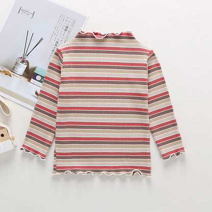 MyKids-USA® Striped Pattern Wooden Ear Edge Design Round Neck Long Sleeve Bottoming Shirt