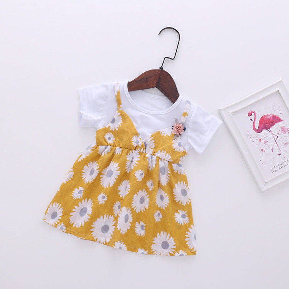 MyKids-USA® Baby Girl Little Daisy Print Pattern False Patchwork Design Round Collar Short-Sleeved Dress