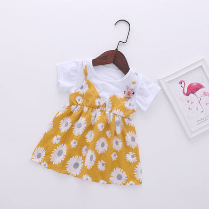 MyKids-USA® Baby Girl Little Daisy Print Pattern False Patchwork Design Round Collar Short-Sleeved Dress