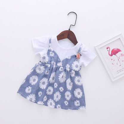 MyKids-USA® Baby Girl Little Daisy Print Pattern False Patchwork Design Round Collar Short-Sleeved Dress