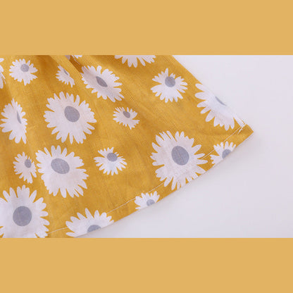 MyKids-USA® Baby Girl Little Daisy Print Pattern False Patchwork Design Round Collar Short-Sleeved Dress