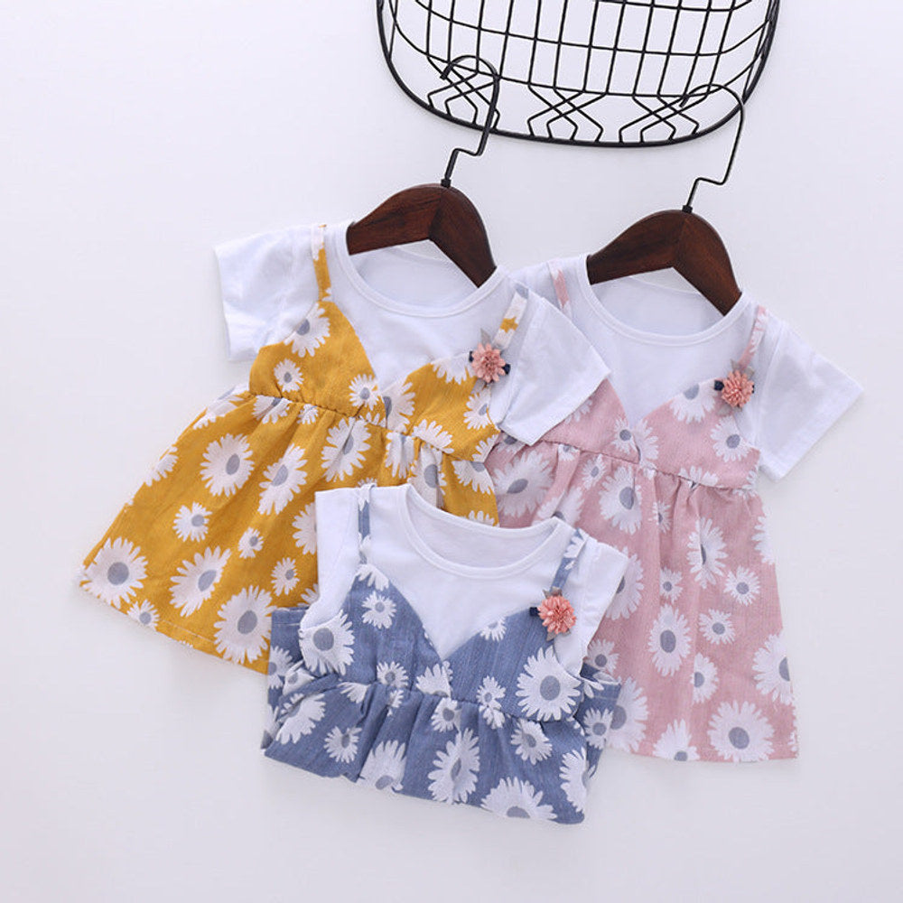 MyKids-USA® Baby Girl Little Daisy Print Pattern False Patchwork Design Round Collar Short-Sleeved Dress