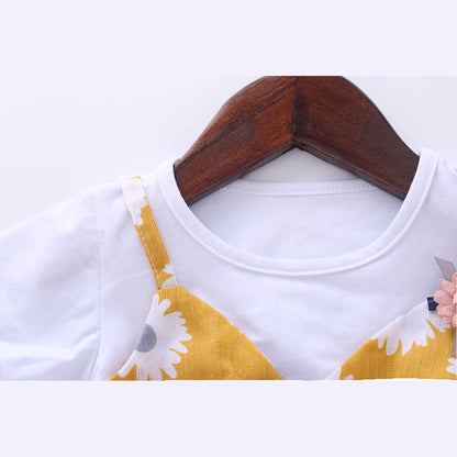MyKids-USA® Baby Girl Little Daisy Print Pattern False Patchwork Design Round Collar Short-Sleeved Dress