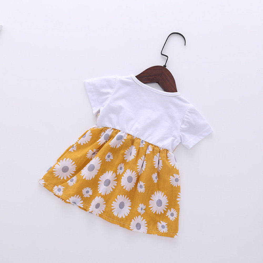 MyKids-USA® Baby Girl Little Daisy Print Pattern False Patchwork Design Round Collar Short-Sleeved Dress