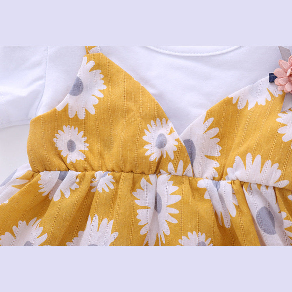MyKids-USA® Baby Girl Little Daisy Print Pattern False Patchwork Design Round Collar Short-Sleeved Dress