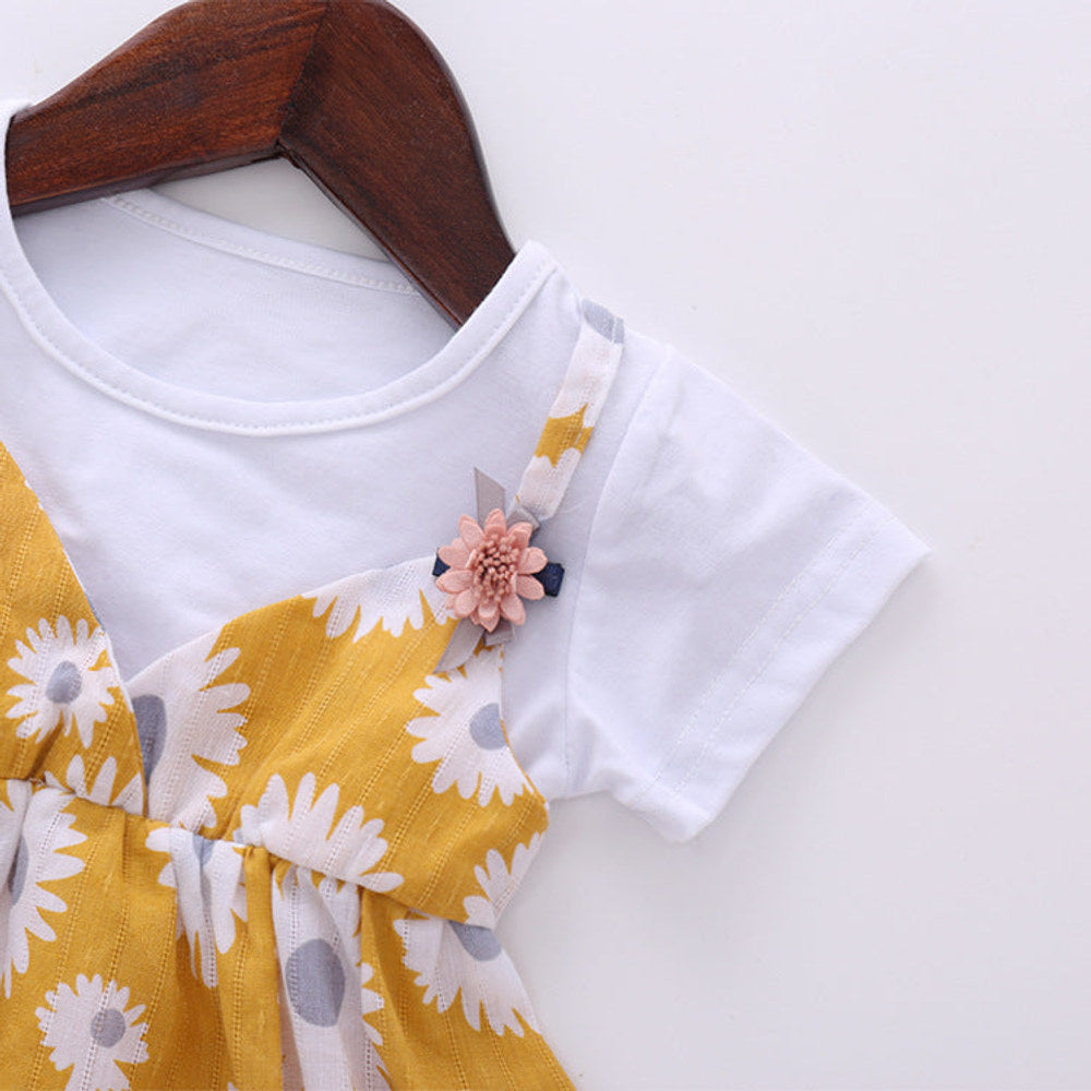 MyKids-USA® Baby Girl Little Daisy Print Pattern False Patchwork Design Round Collar Short-Sleeved Dress