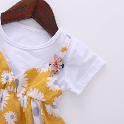 MyKids-USA® Baby Girl Little Daisy Print Pattern False Patchwork Design Round Collar Short-Sleeved Dress