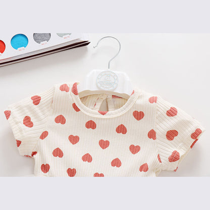 MyKids-USA® Baby Girl Mesh Patchwork Design Small Heart Print Pattern Round Neck Short-Sleeve bodysuit Dress