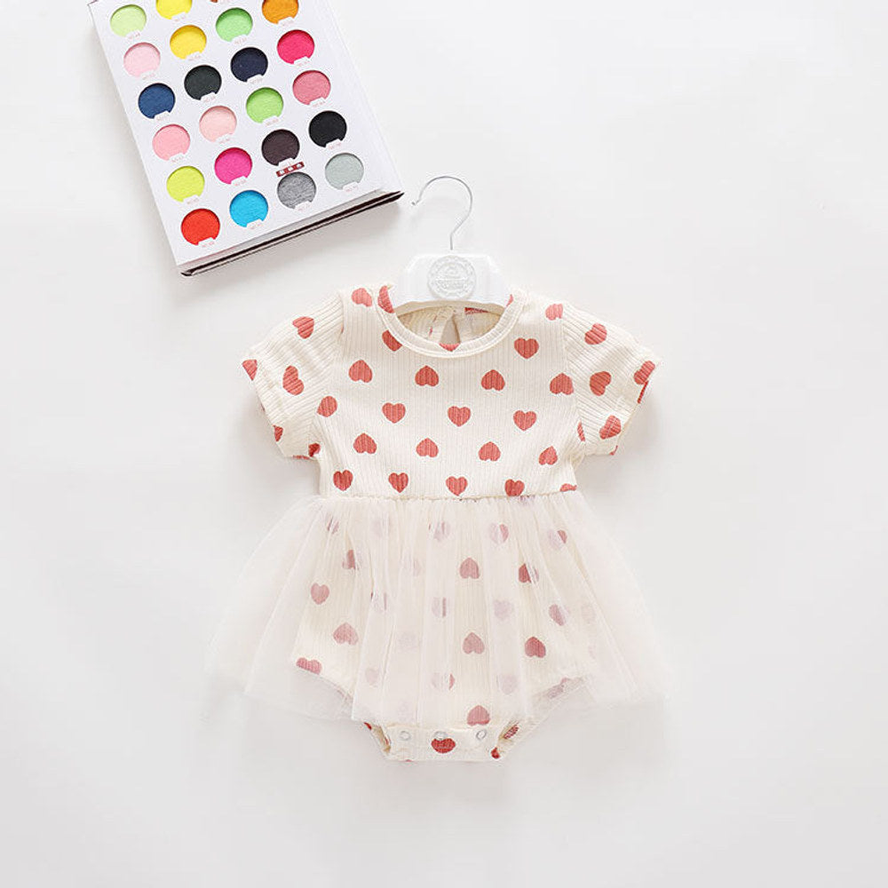 MyKids-USA® Baby Girl Mesh Patchwork Design Small Heart Print Pattern Round Neck Short-Sleeve bodysuit Dress