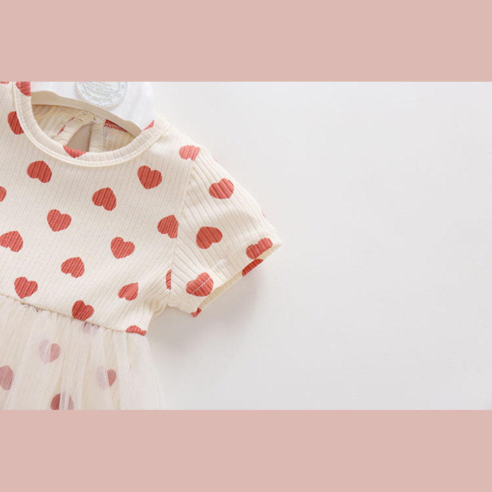 MyKids-USA® Baby Girl Mesh Patchwork Design Small Heart Print Pattern Round Neck Short-Sleeve bodysuit Dress
