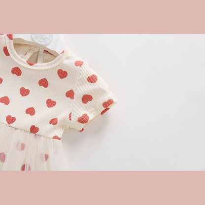 MyKids-USA® Baby Girl Mesh Patchwork Design Small Heart Print Pattern Round Neck Short-Sleeve bodysuit Dress
