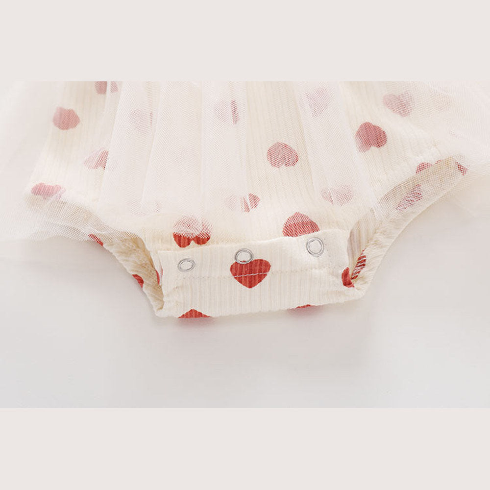MyKids-USA® Baby Girl Mesh Patchwork Design Small Heart Print Pattern Round Neck Short-Sleeve bodysuit Dress