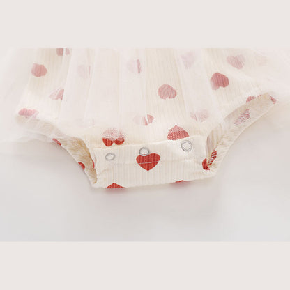 MyKids-USA® Baby Girl Mesh Patchwork Design Small Heart Print Pattern Round Neck Short-Sleeve bodysuit Dress